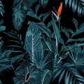 Tropical vintage palm, monstera, plant, strelitzia orange flowers floral seamless border black background. Royalty Free Stock Photo