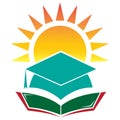 Higher educational bright future logo. book graduate hat sun elements vector design.