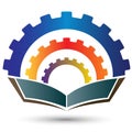 Gear book mechanical education logo vector. progress, work, and innovation concept design.