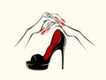 Woman hands, elegant manicure, stiletto shoe. Nails art and fashion logo.