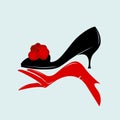 Woman hand, elegant retro shoe. Fashion logo. Red color gloves.