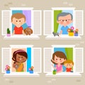 People at their homes looking out of windows. Vector illustration Royalty Free Stock Photo