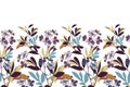 Vector floral seamless pattern, border. Delicate purple flowers, branches, leaves