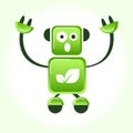 Surprised Robot with raised hands up, green energy