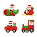 Cute Santa Claus riding various transportation to deliver Christmas presents