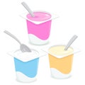 Yogurt containers with spoons. Vector illustration