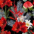 Wide seamless floral background pattern. Red flowers with christmas berries, branches with leaves on black background.