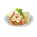 Illustration vector Thai food, pad thai, with shrimp, vegetables, lime in a plate, on a white background.