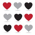 Illustration, vector, nine hearts, with various shadows on a white background.