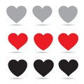 Illustration, vector, nine hearts, three colors, on a white background.