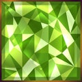 Square green gem emerald in golden frame. Shiny precious gemstone background. Vector illustration.