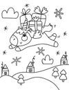 Christmas coloring book page. Unicorn with Christmas gifts coloring book page.