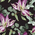 Vintage floral seamless background pattern. Beautiful tulips flower with eucaliptus on black background. Royalty Free Stock Photo