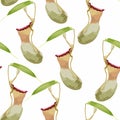 Tropical seamless pattern. Summer print. Jungle rainforest. Nepenthes, genus of carnivorous plants.