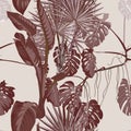 Abstract foliage seamless pattern, various plant and tree in brown on beige background.