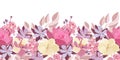 Floral vector seamless pattern, border. Pink peony, yellow viola, purple columbine.
