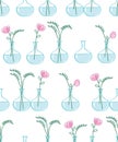 Seamless pattern with cute hand drawn pink flowers in a glass bottles. Royalty Free Stock Photo