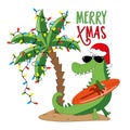 Merry xmas - funny Santa crocodile with surfboard, in island and palm tree Royalty Free Stock Photo