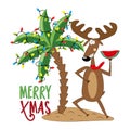 Merry xmas - funny reindeer in island and palm tree decorated with Christmas lights garland,  isolated on white background. Royalty Free Stock Photo