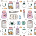 Seamless pattern of colorful ophthalmology icons including eye drops, eye, pills, tweezers, contact lenses case