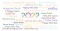 Colorful Happy New Year 2022 in different languages word cloud greeting card concept. Happy New Year 2022 in many different langua