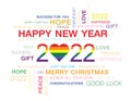 Greeting words around New Year date 2022 in many color. Happy New Year 2022 colorful negative space numbers word cloud text . Colo Royalty Free Stock Photo