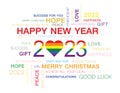 Greeting words around New Year date 2023 in many color. Happy New Year 2023 colorful negative space numbers word cloud text . Colo Royalty Free Stock Photo