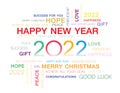 Greeting words around New Year date 2022 in many color. Happy New Year 2022 colorful negative space numbers word cloud text . Colo Royalty Free Stock Photo