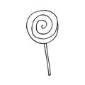 Doodle candy. A lollipop on a stick, twisted in a spiral. Linear art. A twisted candy-lollipop on a stick.