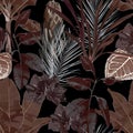 Abstract foliage seamless pattern, various plant and tree in brown blue colors on black background.