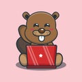 PrintCute beaver with laptop. Cute cartoon vector illustration