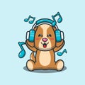 Cute dog listening music with headphone. Cute animal cartoon illustration. Royalty Free Stock Photo