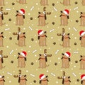 Cute dogs in antler and Santa hat, with bone and paw prints.