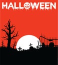 Halloween background with spooky graveyard silhouette and copy space area