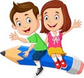 Cartoon little boy and girl flying on a pencil Royalty Free Stock Photo