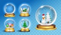 Set of realistic snowglobe christmas decorative isolated or snow ball maguc crystallizing or christmas decoration snow glass. Royalty Free Stock Photo