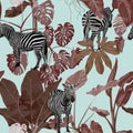 Tropical floral abstract brown leaves and plants, zebra wildlife animal floral seamless pattern on vintage blue background. Royalty Free Stock Photo