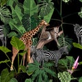 Tropical wild animals, flamingo, zebra, giraffe, leopard jaguar Savannah cat sleeping on a tree and palm trees, banana tree.