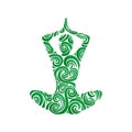 Abstract human yoga shape in lotus pose with swirl ornament.