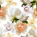 Seamless floral pattern, creamy roses, white peony, tropical orchids on a white background.