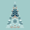 Christmas card. Stylized christmas tree and snowflakes
