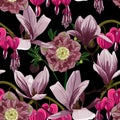 Seamless floral pattern with pink tropical magnolia, heart and anemones flowers with leaves on black background. Royalty Free Stock Photo