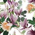 Seamless floral pattern with violet tropical magnolia, roses, tulips flowers with leaves on white background. Royalty Free Stock Photo