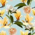 Seamless floral pattern with yellow tropical magnolia, peony, roses flowers with leaves on blue background. Royalty Free Stock Photo
