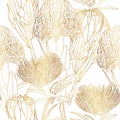 Golden Protea seamless pattern. Linear sketchy style flower elements.