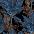 Abstract foliage seamless pattern, various plant and tree in brown blue colors on black background.