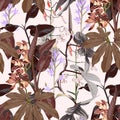 Abstract foliage seamless pattern, various plant and tree, flowers and herbs in brown colors on beige background.