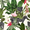 Tropical floral leaves, exotic flowers, palm banana plant and leaves, zebra wildlife animal floral seamless pattern. Royalty Free Stock Photo