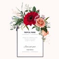 Romantic red creamy orange flowers roses and gerbera flower and herbs bouquet bride wedding invitation template design.