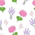 Botanical background. Seamless pattern with pink geraniums, lavender and verbena flowers.